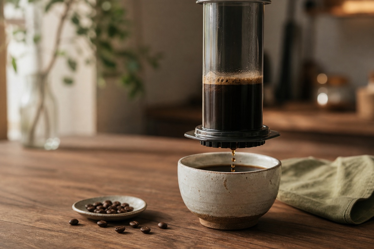AeroPress dripping freshly brewed black coffee into a ceramic cup