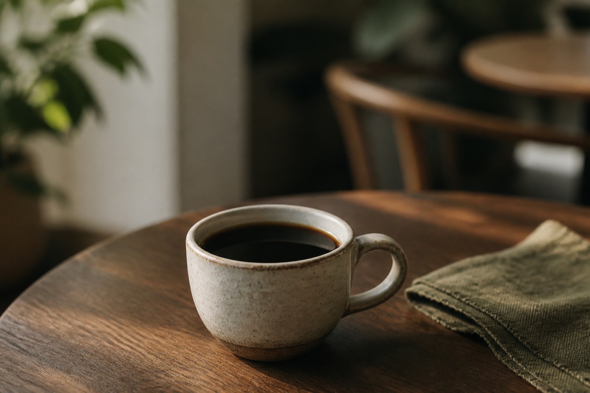 Handmade ceramic cup filled with black coffee on a walnut cafe table