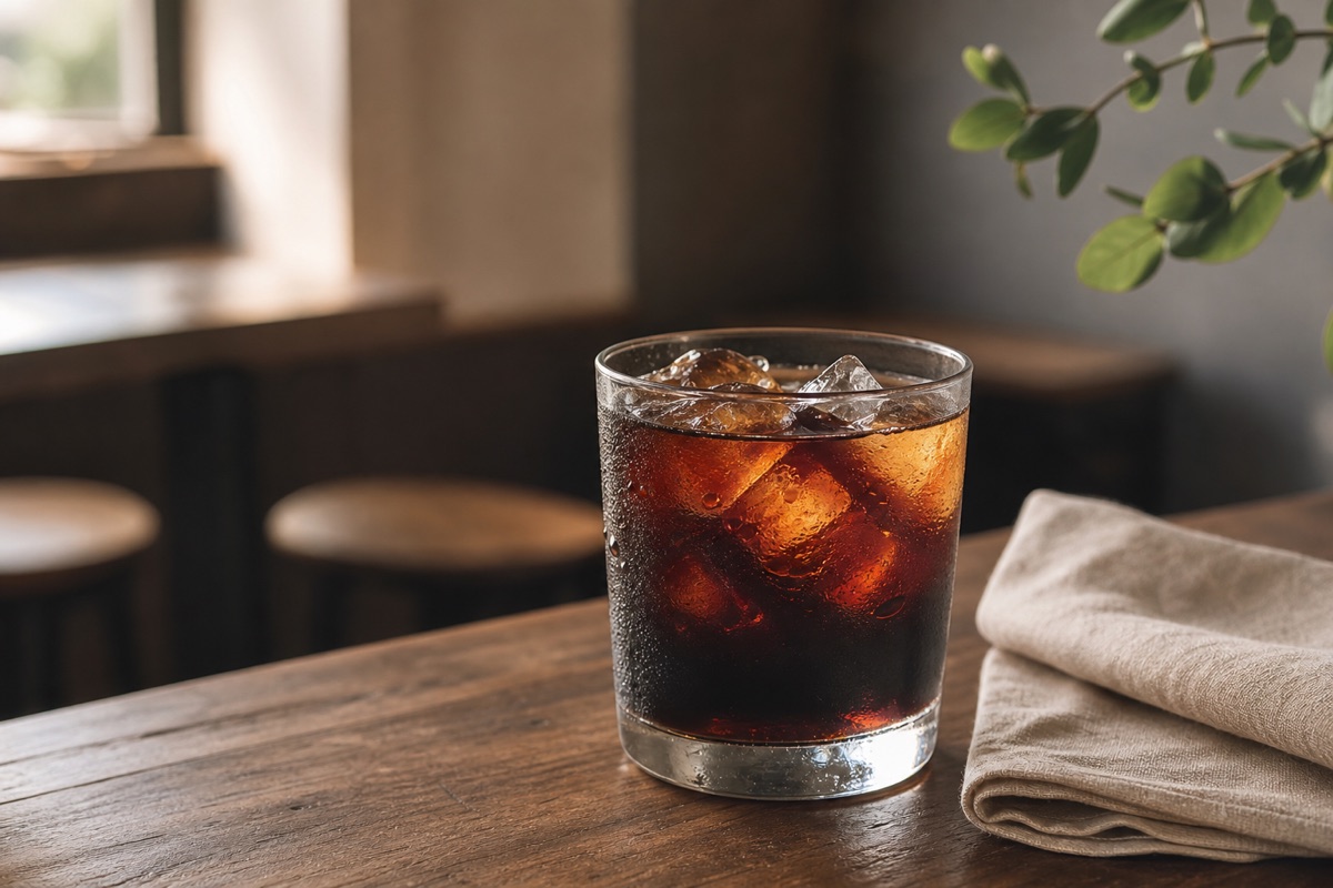 Cold brew coffee over clear ice in a chilled glass